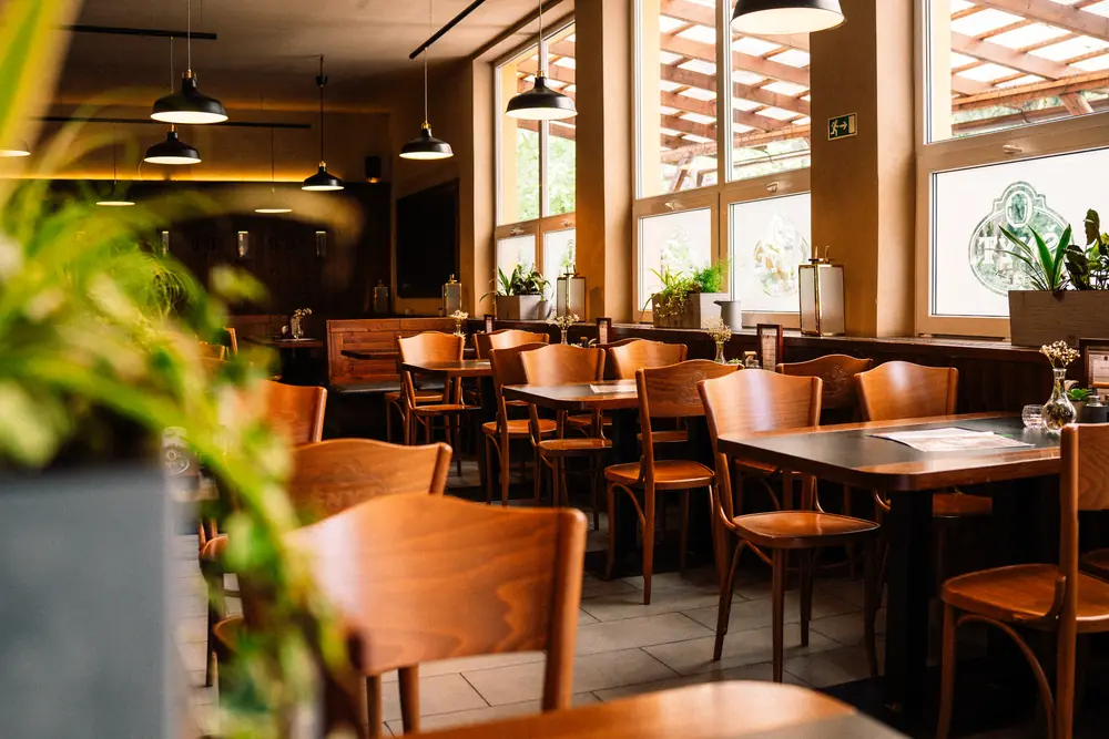 Světlý sál restaurace ŠNYT se zelení, velkými okny a dřevěnými židlemi